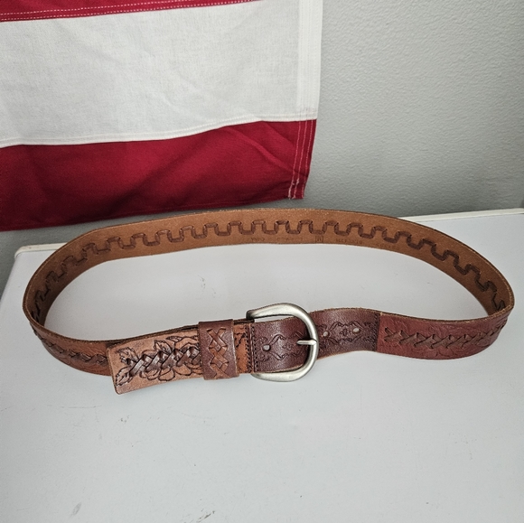 Brown Leather Embellished woven Fossil Belt vintage medium M - Picture 1 of 5